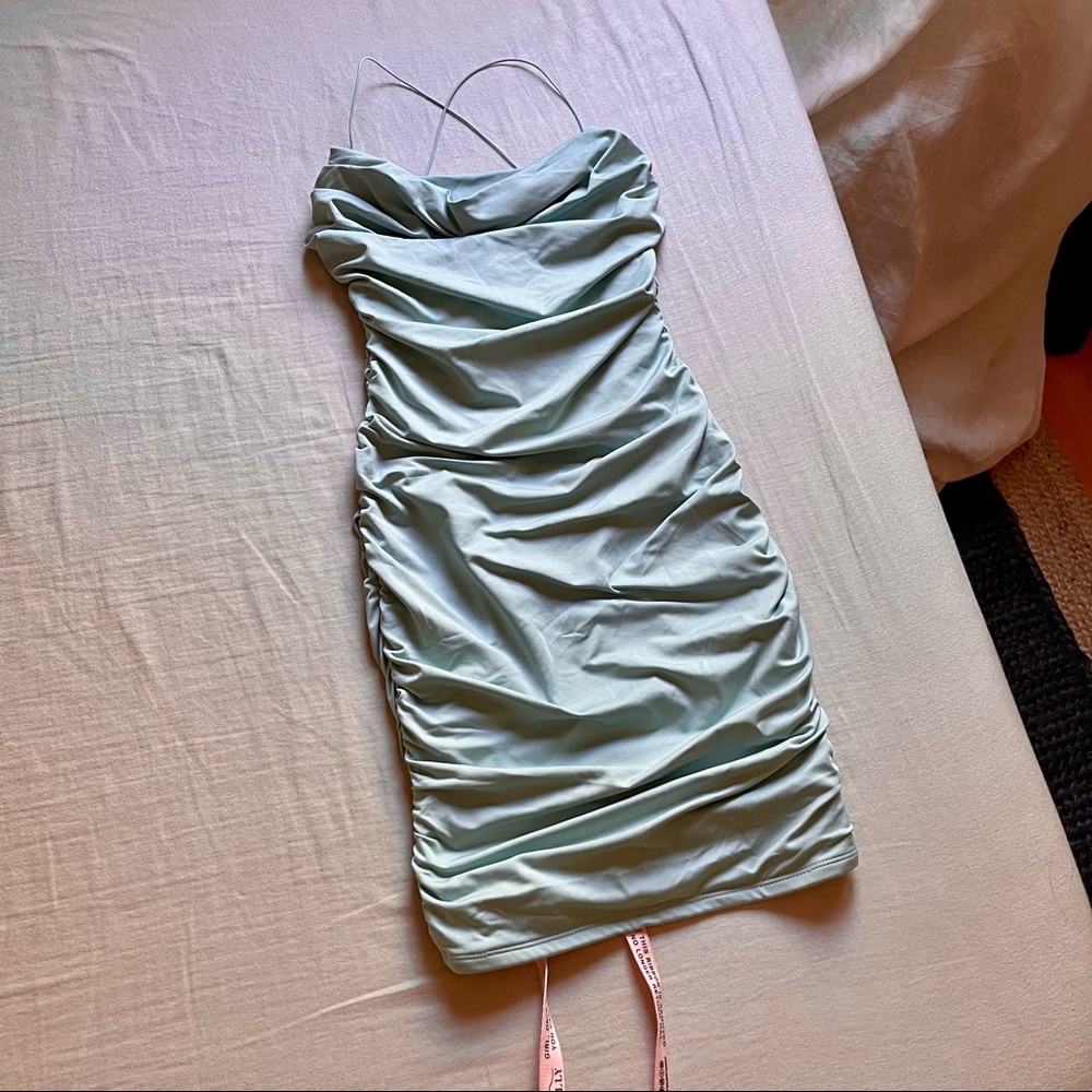 Oh Polly Sage Green Ruched Mini Dress